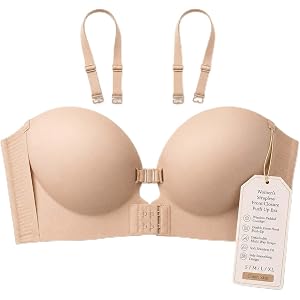 Women's Strapless Front Closure Push Up Bra, Non Slip Tube Bra with Detachable Straps, Wireless Padded Smoothing