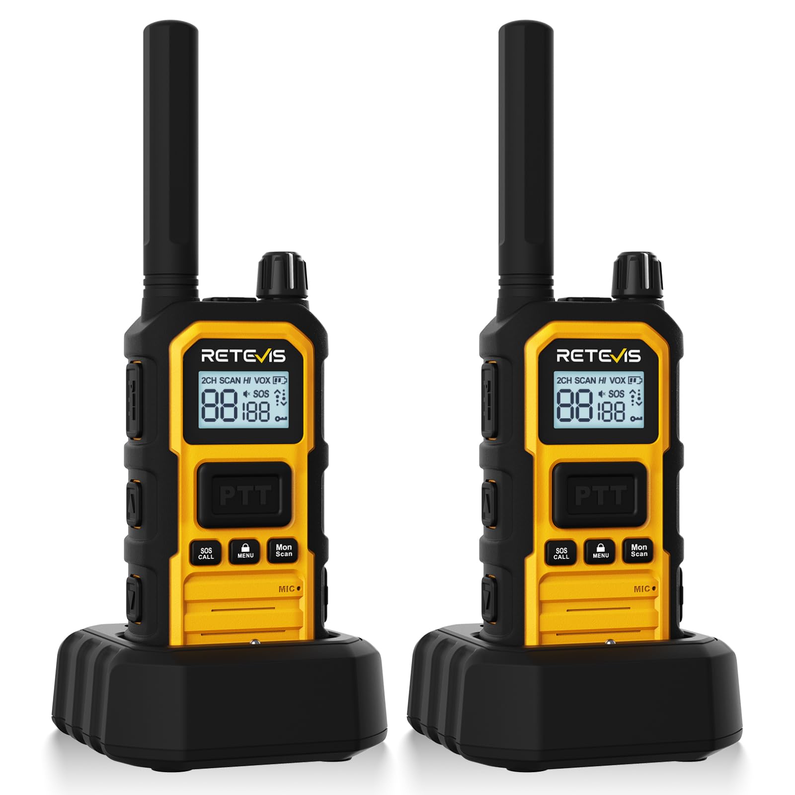 Retevis RB648 Plus Walkie Talkies, IP67 wasserdichte Funkgeräte, Hohe Reichweite, 2000mAh, Vibration, Notfallalarm, Professionelles Robustes Aktualisiertes Walkie-Talkie für Camping (2 Stück, Gelb)