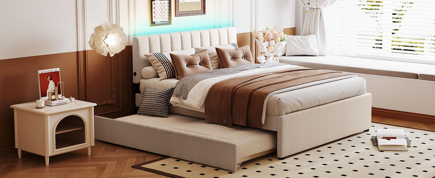 Photo 1 of *PARTIAL SET*
KTATK Teddy Fleece Queen Size Upholstered Platform Bed with Trundle & LED Lights,Wooden Bedframe w/Wood Slat Support,No Box Spring Needed,for Kid Teen Boy Girl,Beige