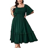 SCOMCHIC Women's Plus Size Maxi Dresses Summer Short Sleeve Square Neck Smocked Wedding Guest Cocktail Boho Long Dress