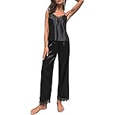 OYOANGLE Women's Silk Satin Lace Pajamas Sleeveless Pjs Set 2 Piece V Neck Cami and Pants Loungewear Sleepwear