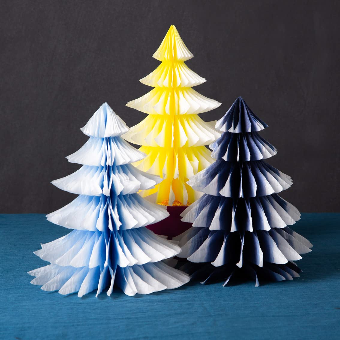 Talking Tables Premium Reusable Christmas Table Decorations-3 Pack Paper Honeycombs, Mini Xmas Trees for Tabletop, Windowsill Display | Winter Wonderland, Yellow and Blue Frosted