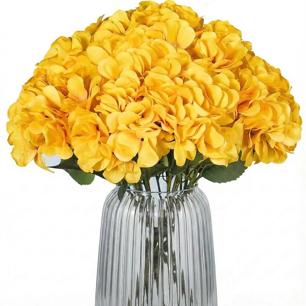 Blooming Paradise 2Bouquets Artificial Fake Flowers Silk Hydrangea Arrangements Wedding Bouquets Decorations Plastic Floral Home Kitchen Garden Party Festival Bar DIY(Yellow,5 Flower Heads)