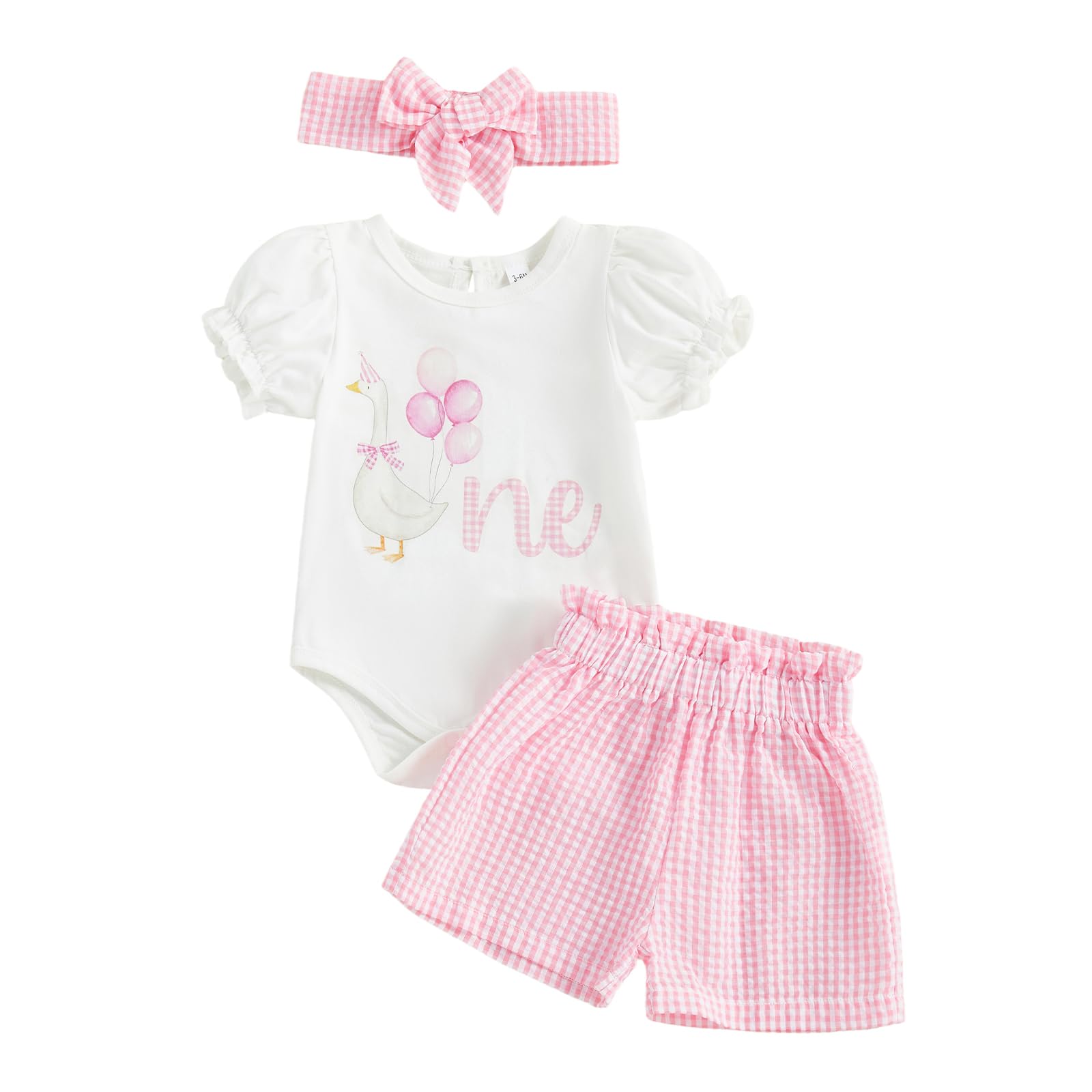 Photo 1 of Amiblvowa Baby Girl One 1st Birthday Outfit Short Sleeve Romper Plaid Gingham Shorts Set First 1 Year Old Smash Cake Clothes (Pink Silly Goose, 12-18 Months)