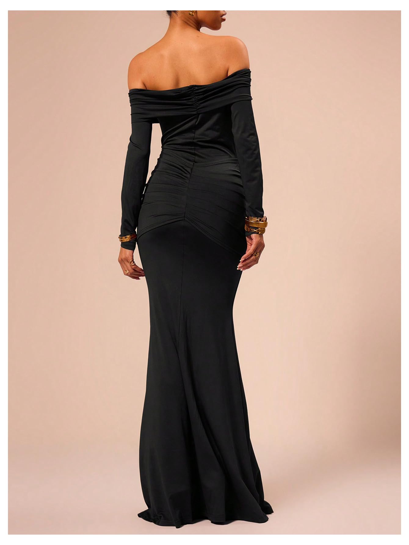 Condition photo showing New/Like New for verdusa women's wedding guest off shoulder maxi dresses ruched bodycon elegant dresses black large