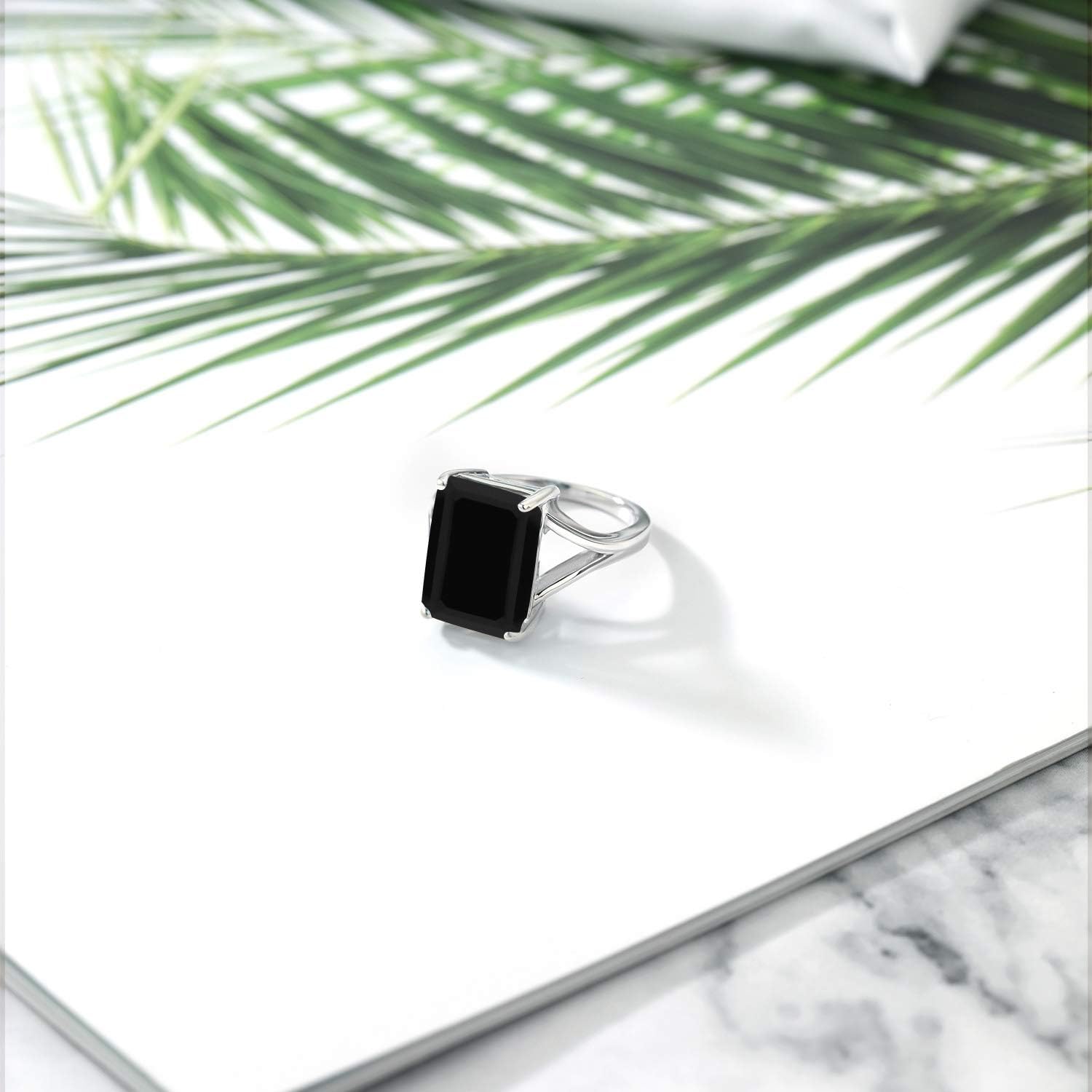 Gem Stone King 925 Sterling Silver Black Onyx Solitaire Ring 6.60 Ct Gemstone Birthstone, 14x10mm Emerald Cut (Available 5, 6, 7, 8, 9): Jewelry