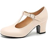 Peijely Women's T-Strap Mary Jane Pumps, 2.56 Inch Block Heel, Round Toe Dress Shoes