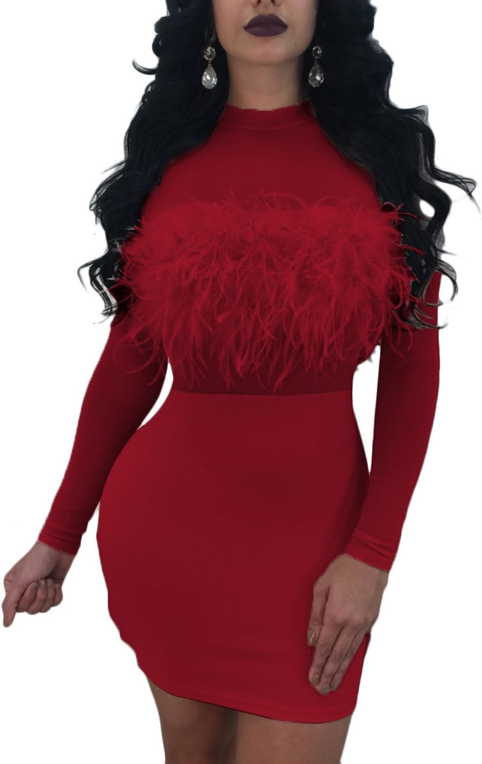 Zilcremo Women Elegant Faux Fur Patchwork Bodycon Party Dress Mini Clubwear