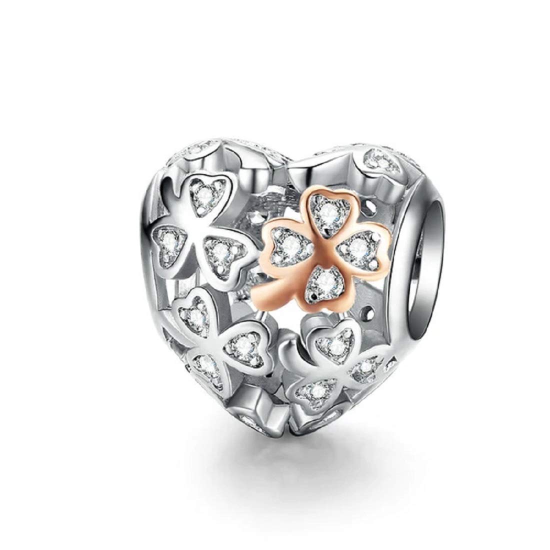 FeatherWish Rose Gold Lucky Clover Four Leaf Shamrock Love Heart Family Bead Charm Sterling Silver 925 Fits And Compatible With Pandora Bracelets Gift For Friend Mum Sister Wife (Clover Heart)