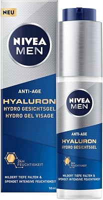 MEN Gel hydratant anti-âge à l'acide hyaluronique pour le visage (50 ml) - Réduit même les rides profondes - Soin du visage à absorption rapide avec de l'acide hyaluronique