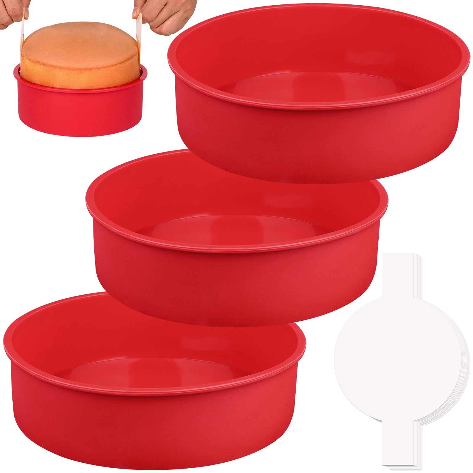 Photo 1 of HUAKENER 10 Inch Round Cake Pan, 3 Pack Silicone Cake Molds with 100 Pieces Parchment Paper, Nonstick Cake Molds for Birthday Cakes, Layer Cakes, Cheese Caks, Chocolate Cakes