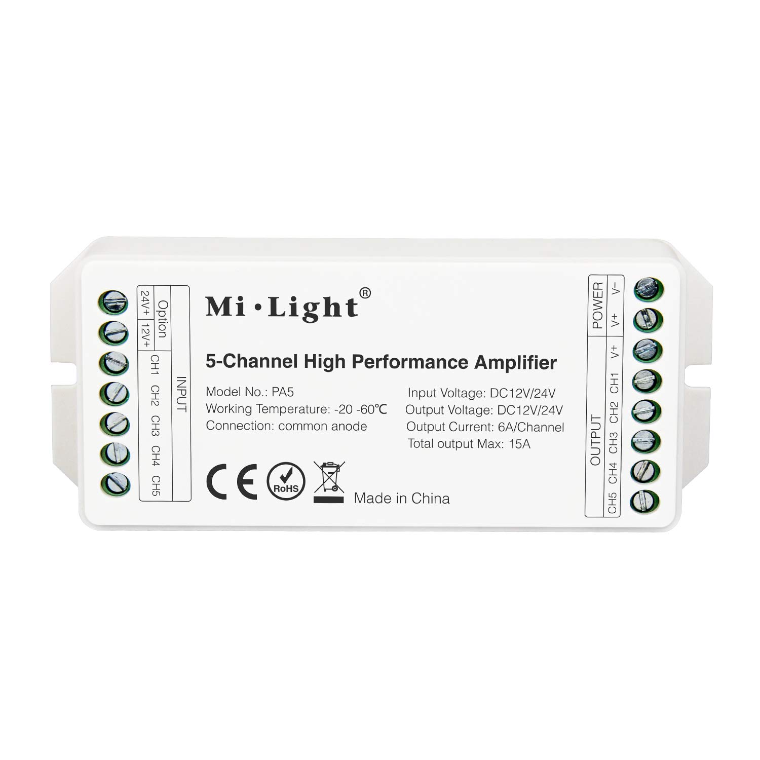 LIGHTEU®, Miboxer Milight PA5 5-Channel High Performance Amplifier DC12V-24V Max 15A RGB RGBW RGBCCT LED Amplifier Controller For RGB RGBW RGBCCT LED Strips