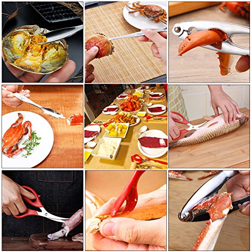 Professional Seafood Tools Picks Set Crackers Tools, 2 Nut Crackers + 1 Scissor + 6 Red Picks + 5 Stainless Steel Forks Kitchen Easy-opener Picnic Tools for Lobster, Crab Claws and Other Crustaceans