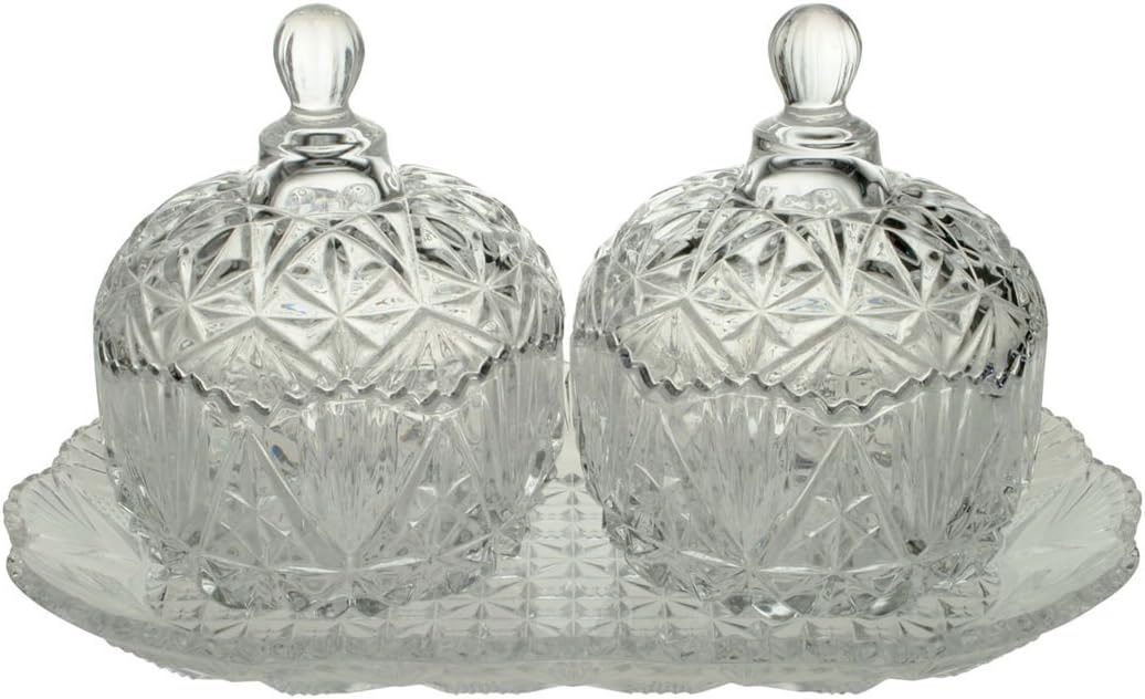 Classic Cut Glass Sugar Tea Spice Condiment Bowl Set 2 and Tray __#primepac