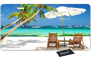 Wondertify License Plate Beach Relaxing Scene with Sea Palm Tree Chairs and Boats Decorative Car Front License Plate,Vanity Tag,Metal Car Plate,Aluminum Novelty License Plate,6 X 12 Inch (4 Holes)