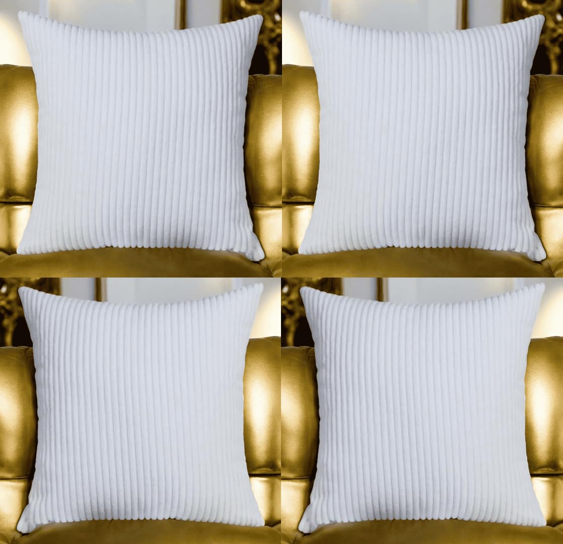 Seechoo Corduroy Cushion Covers, Set of 4, 40 x 40 cm, Plain Soft Striped, Assorted Colours (White)