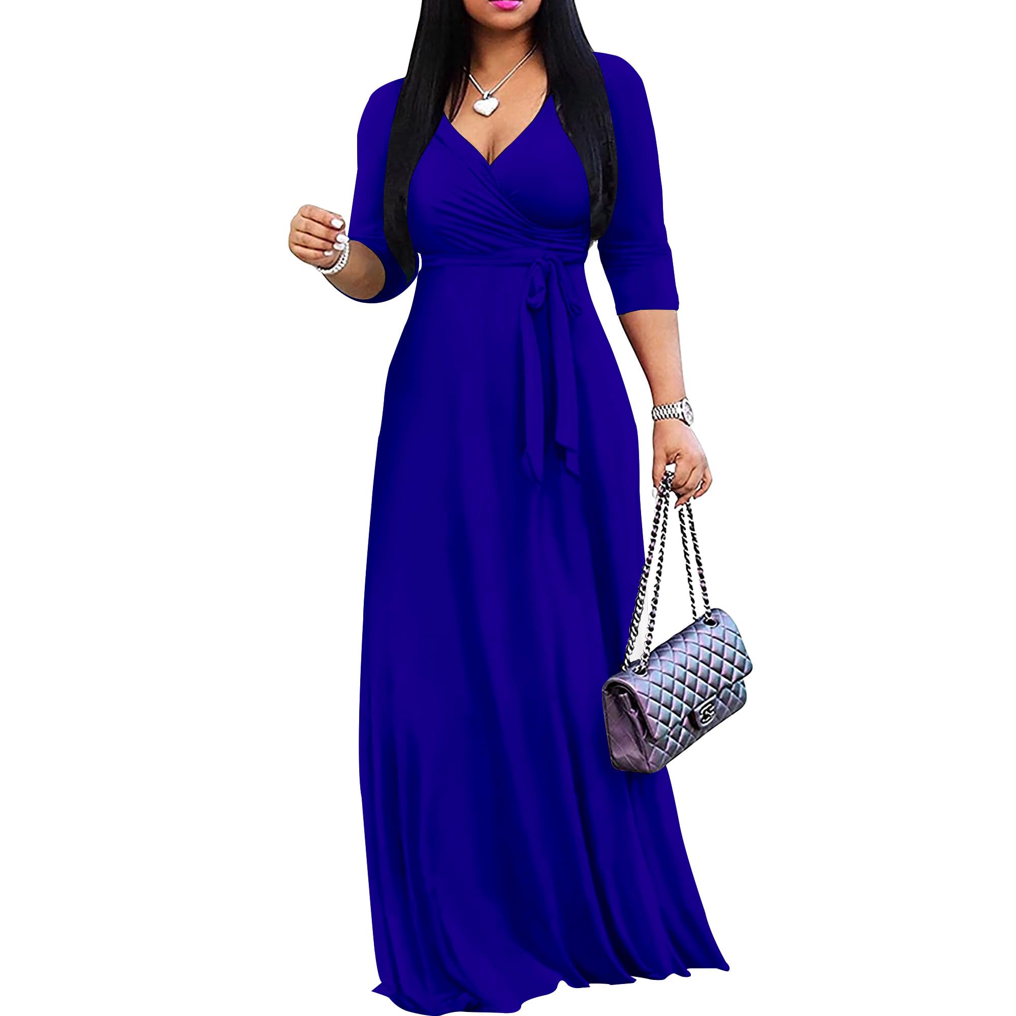 Photo 1 of --Mrskoala Women Plus Size Long Maxi Wrap Dresses Summer Sundress V-Neck 3/4 Sleeve RoyalBlue L