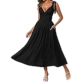 JKMNAO Women's Summer Midi Dress V Neck Casual Flowy A Line Sundress Wedding Guest Long Dresses with Pockets