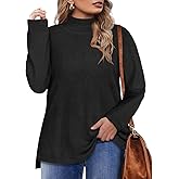 CARCOS Plus Size Sweaters for Women Solid Turtleneck Sweater Long Sleeve Pullover Tops Casual Split Hem Knit Shirts