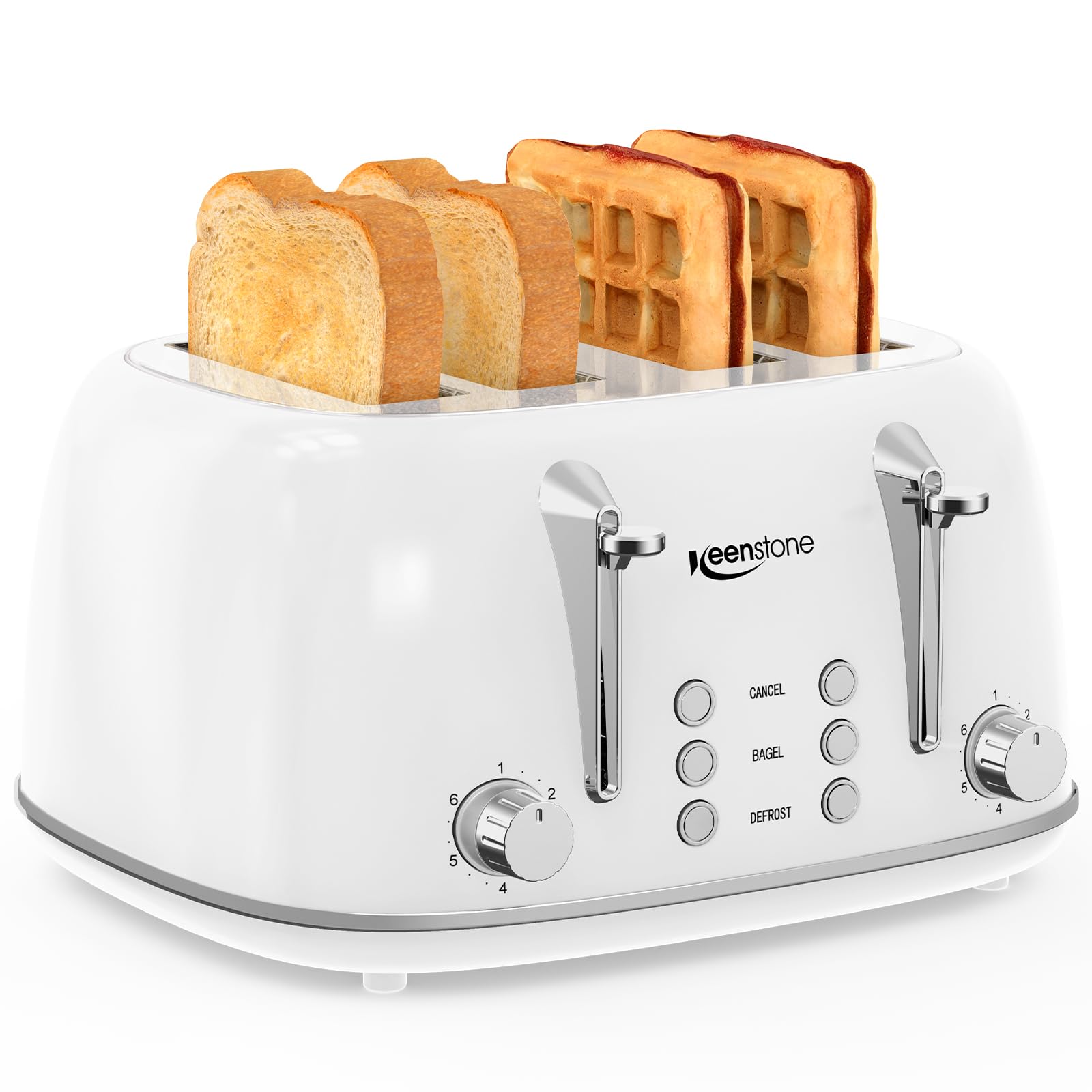 Keenstone Toaster 4 Slice, Retro Stainless Steel Wide Slot Toaster with Dual Independent Controls, 6 Browning Levels, Bagel, Defrost, Reheat & Cancel, Removable Crumb Tray, White Image