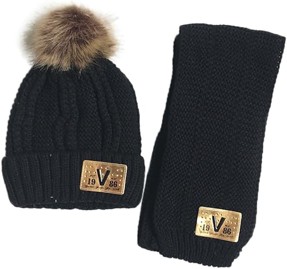 black pom pom hat and scarf