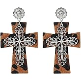 Vintage Large Cross Leopard Print Leather Dangle Earrings Sparkly Rhinestone Crucifix Statement Earrings Gothic Lightweight Halloween Party Jewelry