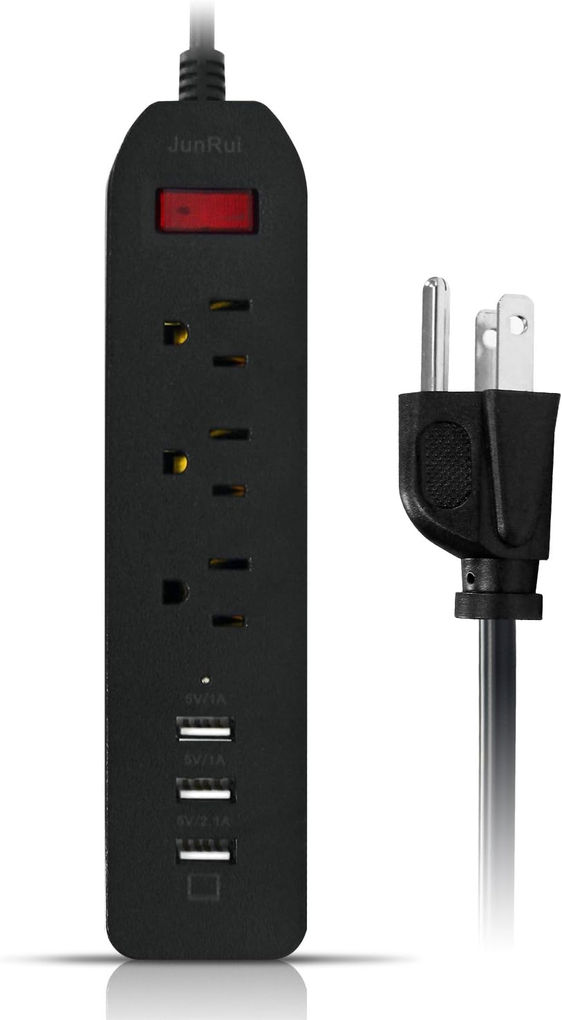 JunRui Mini Travel Power Strip with USB, 2-in-1 Surge Protected Power Strips & USB Charging Station Combo, 3 AC Outlets & 3 USB Charging Ports (2.4A1 + 1A2) Power Socket for Home and Office, Black