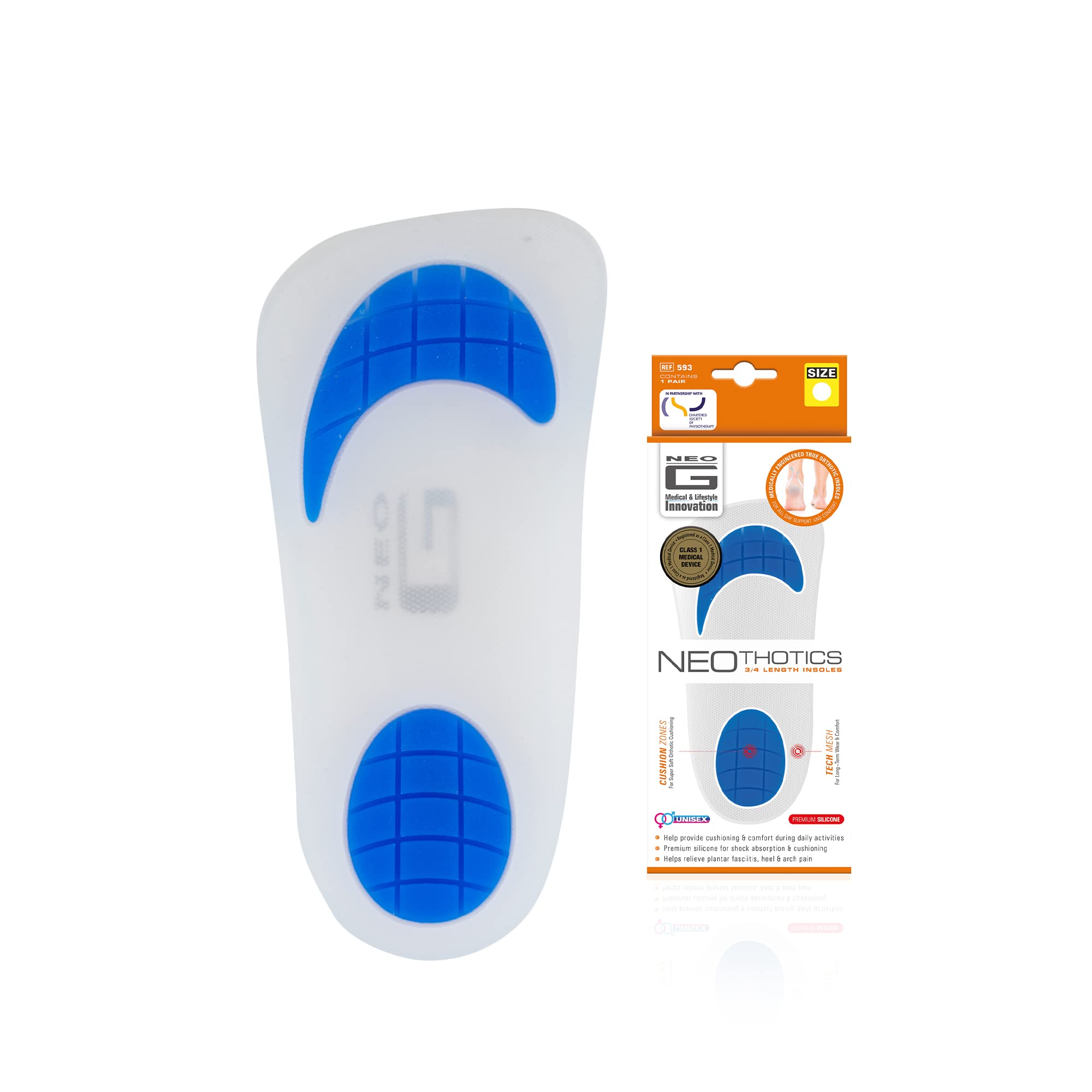 Neo G NeoThotics ¾ Length Insoles for Plantar Fasciitis Support Flat Feet Fallen Arch Support - Shin Splint – Achilles Tendonitis - Orthotic Insoles for Arch & Heel Pain Relief - S