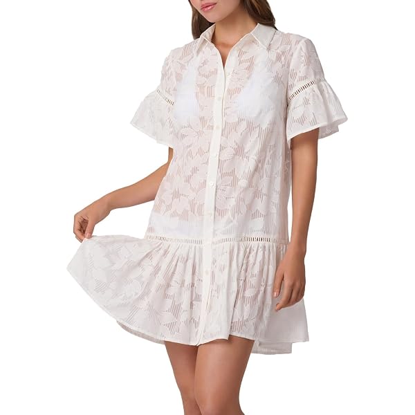 Shoshanna Swim Women's Milos Cotton Eyelet Lace Mini Dress, Optic White, XS  at Amazon Women's Clothing store