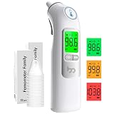 Femometer Family Ear Thermometer, Highly Accurate Ear Thermometer for Kids, Adults and Babies, 30 Memory Recall, 1s Result and 3-Color Fever Alert, with 24 Disposable Probe Covers, Gray