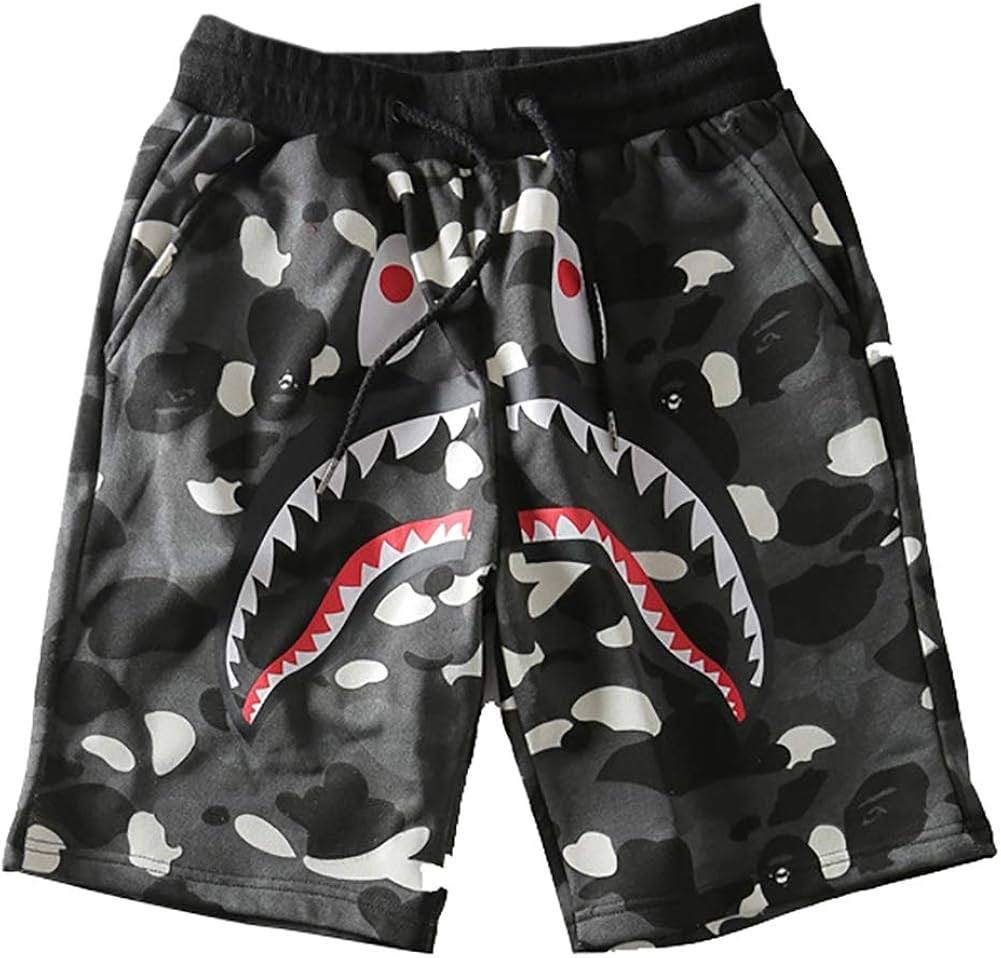 Athletic Pants Shark Pattern Camouflage Stitching Shorts Men Drawstring Black Sports Shorts