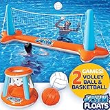 JOYIN Inflatable Pool Float Set Volleyball Net & Basketball Hoops, Floating Swimming Game Toy for Kids and Adults, Summer Floaties, Volleyball Court (105”x28”x38”)|Basketball (27.6”x23”),L-Orange