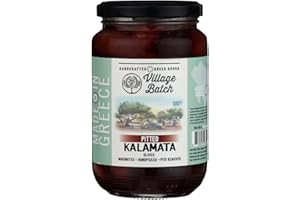Village Batch Greek Pitted Kalamata Olives 12.3oz Jar (Pack of 1) Marinated in Red Wine Vinegar and Sea Salt, Premium Handpicked Greek Olives for Snacking, Salads and Cooking