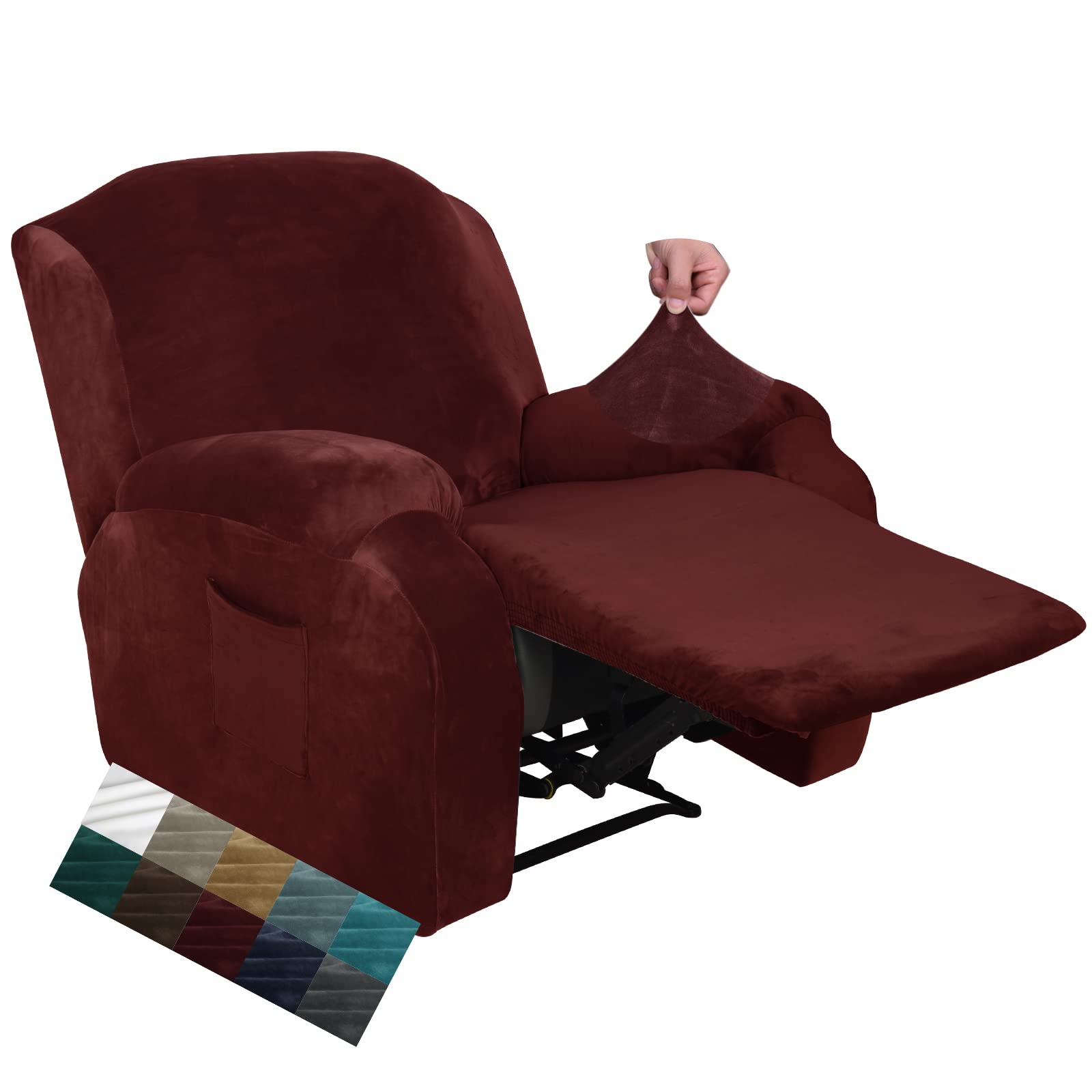 CHELZEN Velvet 4 Piece Recliner Cover Stretch Soft Cover for Recliner Chair Thick Soft Recliner Chair Slipcover (Recliner, Wine Red)