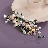 Teyglen Bride Green Rhinestone Wedding Hair Clip Bridal Pearl Crystal Hair Barrette Gold Leaf Headpiece Decorative Hair Accessories for Women (Green)