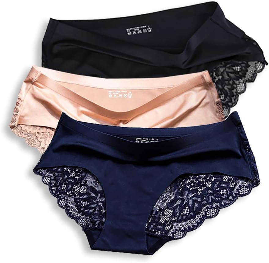 Women's Waist Briefs,Ladies Invisible Knickers,Sexy Lace Stretch Seamless Panty, Ultra-Smooth/Soft Material/Breathable/Sweat Control Shorts,Hipsters Underwear,3 Pack (Nude,Black,Navy Blue) XL