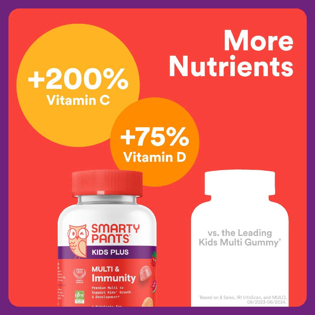 SmartyPants Kids Multivitamin & Immunity Gummies: Vitamins C, D, B6, B12, A, and Zinc for Immune Support, Biotin, Iodine, Gluten Free, Two Fruit Flavors, 60 Count (30 Day Supply)