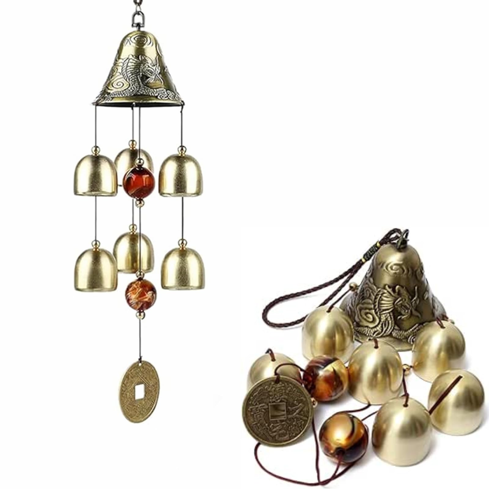 Lucky Wind Chimes, Vintage Metal Hanging Wind Bell Outdoor Good Luck Hanging Charm with Coin for Garden Home Patio Yard (Dragon Wind Chime)