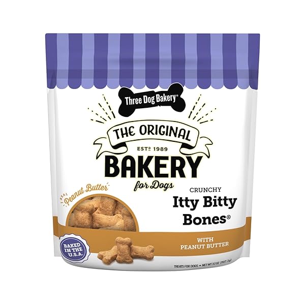 THREE DOG BAKERY ITTY BITTY BONES PEANUT BUTTER DOG TREATS, 32OZ – CRUNCHY BONES FOR DOG TRAINING TREATS, REAL PEANUT BUTTER PUPPY TRAINING TREATS, DOG BAKERY TREATS