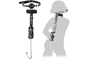 Sex Bondage Collar with Anal Hook & Ball Gag, BDSM Slave Leather Neck to Wrist Bondage Restraints Kit, Kinky Submissive Back 