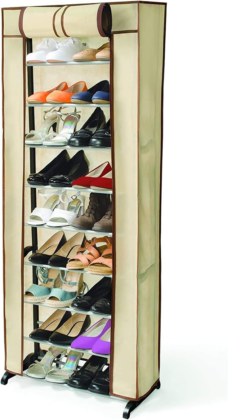 shoe dividers shelves on Amazon Com Ideaworks Ideaworks 30 Pair Rack Shoe Shelf Organizer Rolls Up Promotes Dust Protection Zip Keeps Cover Closure Closed Light Yellow Ocher Home Kitchen
