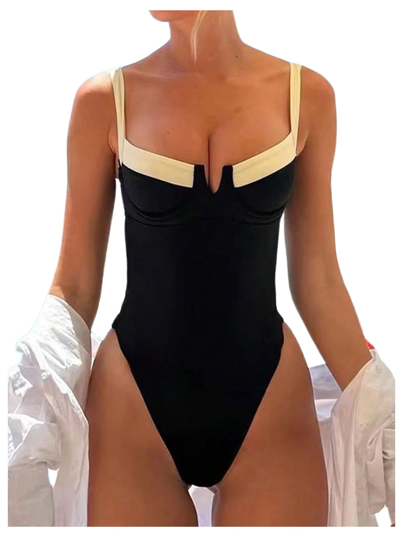 Photo 1 of SOLY HUX Women's One Piece Bathing Suits High Cut Swimwear Push Up Bathing Suits Beach Vacation Clothes Black and White Medium