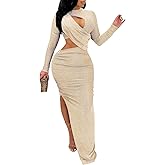 Famnbro Women's Sparkly Cut Out Dresses Wrap Ruched Bodycon High Split Cocktail Party Maxi Dress