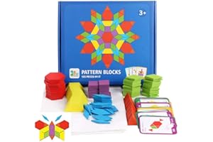 JCREN Wooden Pattern Blocks Montessori Toys Shape Puzzles Kindergarten Classic Educational Tangram Geometric Brain Teaser Toys Best STEM Gift for Kids Ages 4-8 with 24 Pcs Design Cards