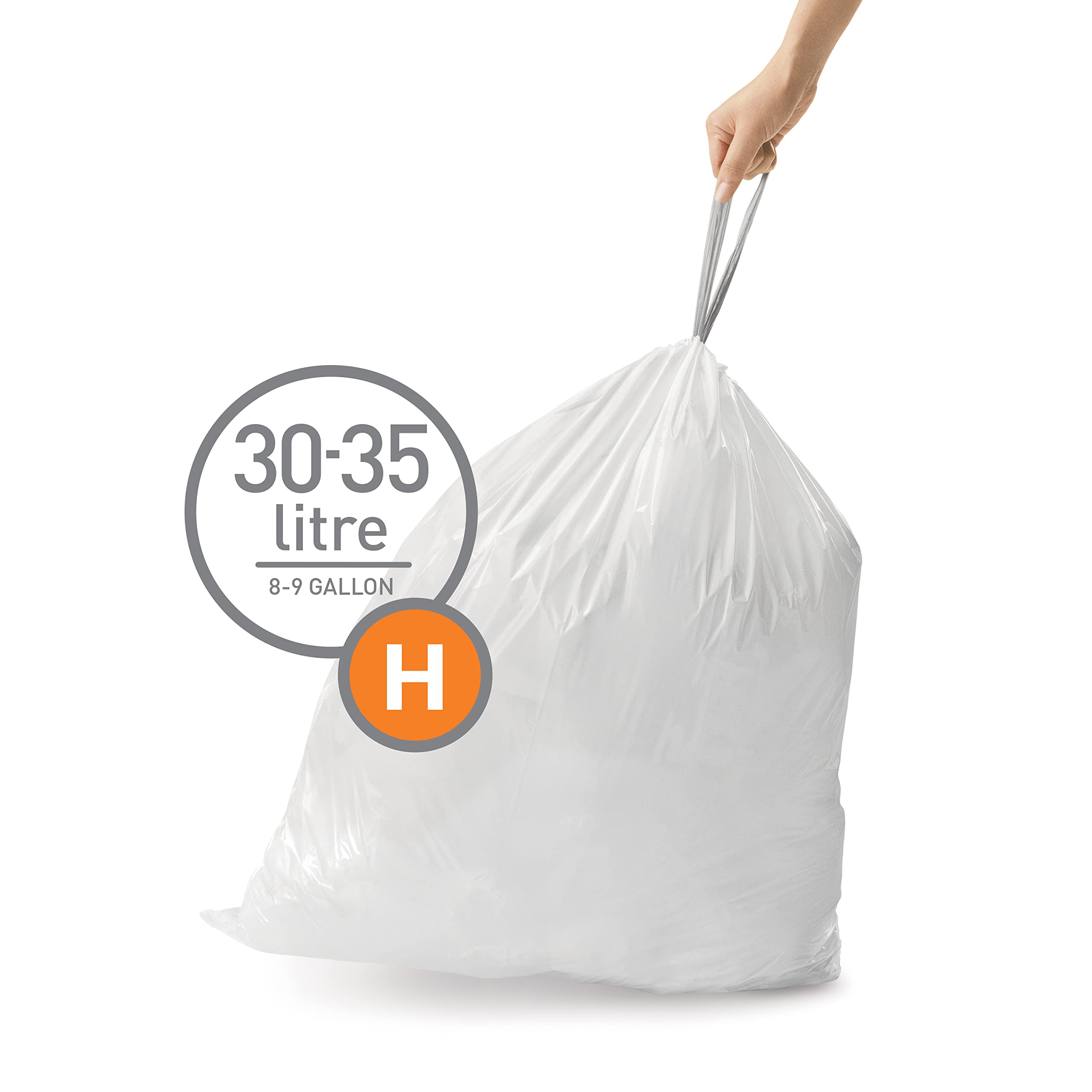 simplehuman Code H 100 Count, Dispenser Pack Custom Fit Liners, Drawstring Trash Bags, 30-35 Liter / 8-9 Gallon, White