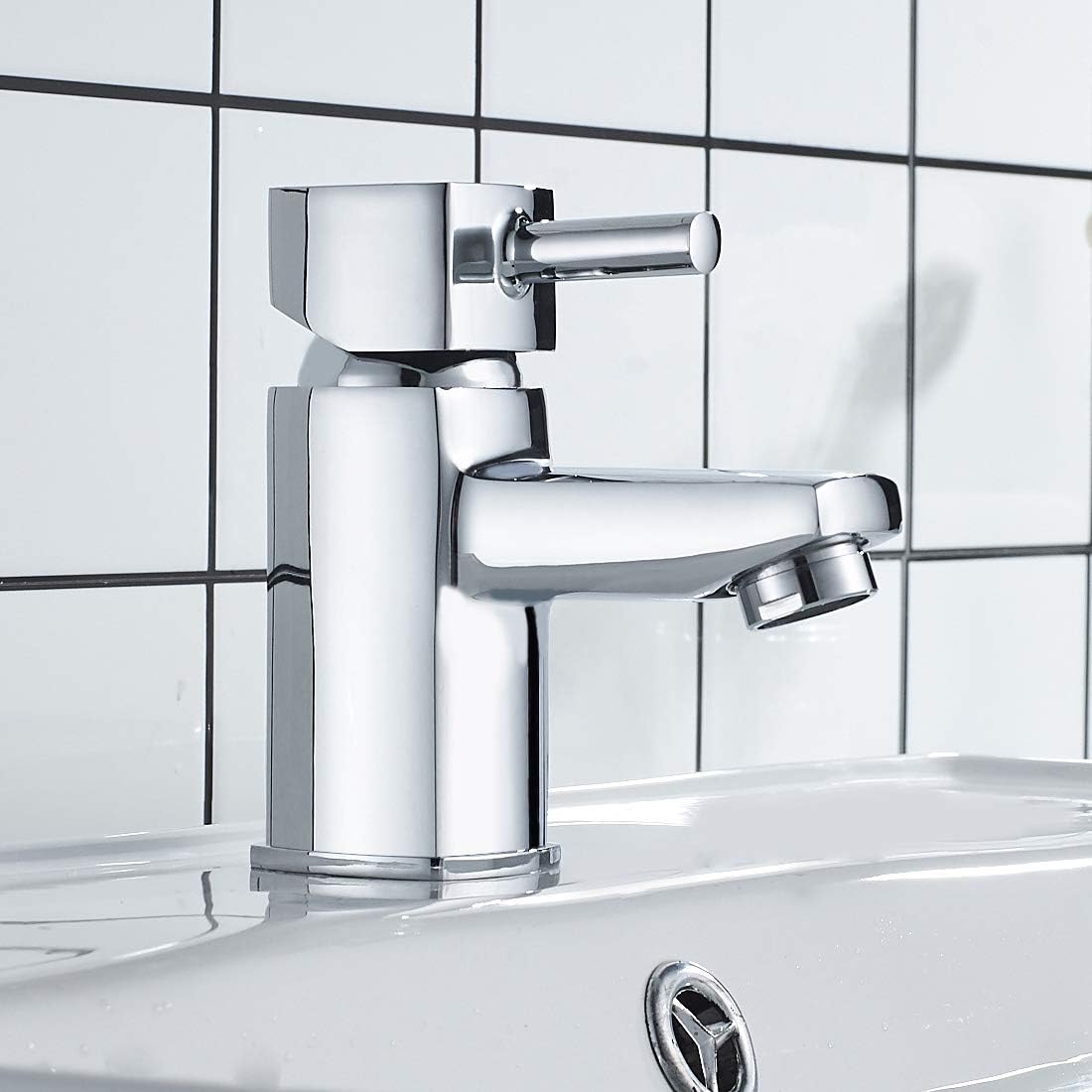 NewEast Basin Taps with pop up Waste,Mono Square Single Lever Chrome Bathroom Sink Mixer Tap for Washroom&Cloakroom - Image 3