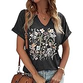 PUCKOLITY Vintage Flowers V Neck Shirt for Women Boho Floral Wildflowers Graphic Tee Casual Cottagecore Summer T Shirt