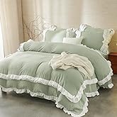 CCoutueChen Green Ruffle Duvet Cover Queen 3Pcs Shabby Chic Farmhouse Bedding Set Girls 100% Washed Microfiber Duvet Cover Set Boho Vintage Ruffled Bedding with 2 Pillowcases(No Comforter)