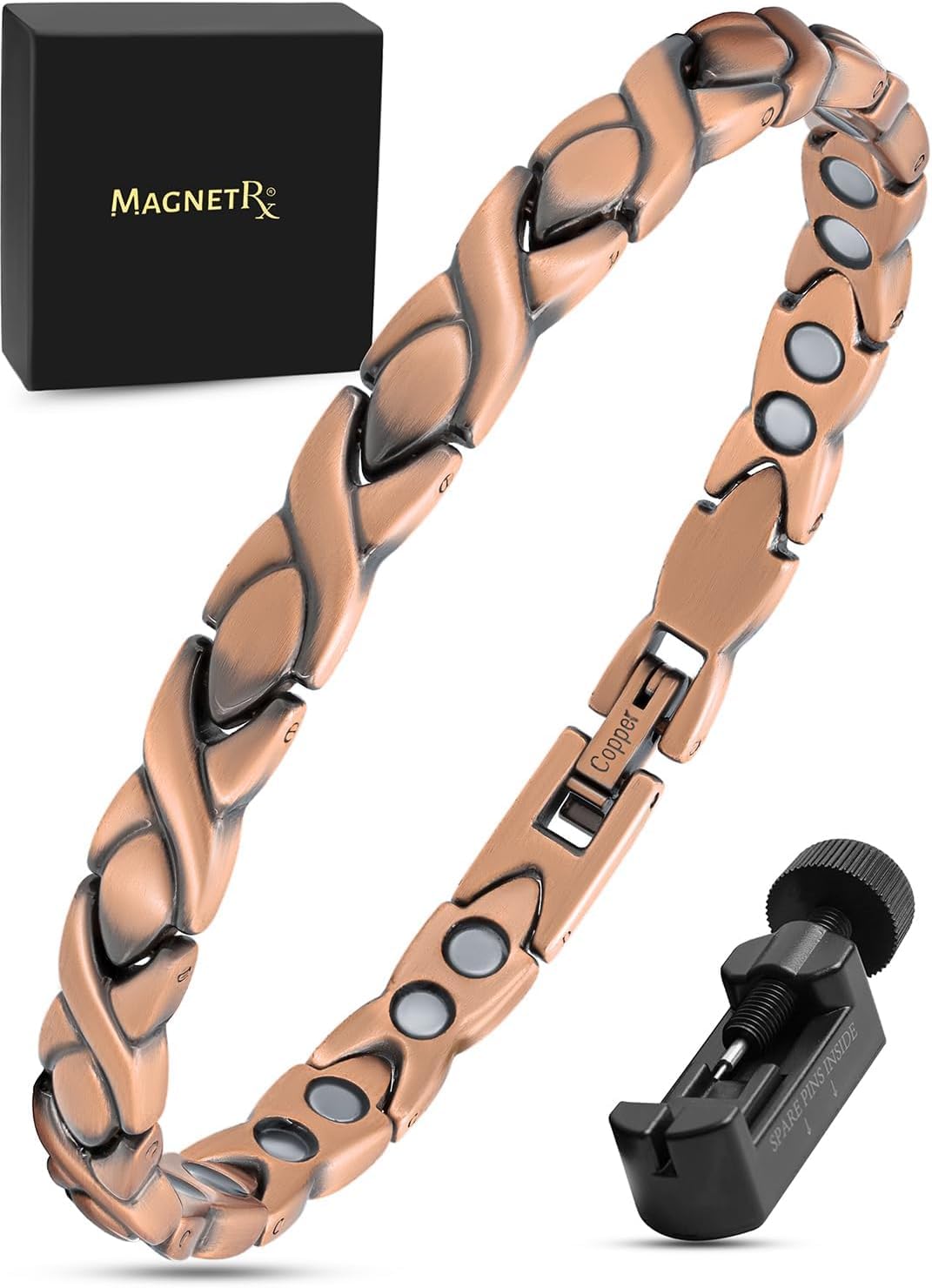 MagnetRX® Women's Pure Copper Magnetic Bracelet – Effective Ultra Strength Magnetic Copper Bracelets for Women – Adjustable Bracelet Length with Included Sizing Tool (Xo Style)