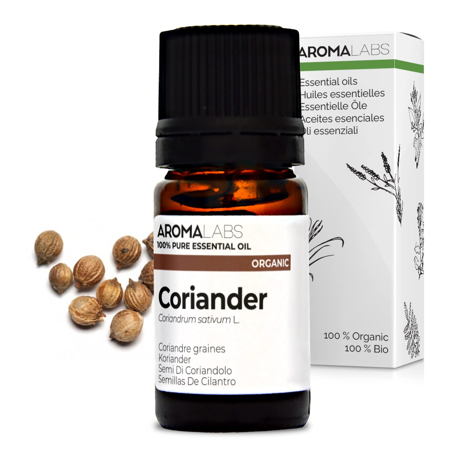 BIO - Coriander Essential Oil - 5mL - 100% Pure, Natural, Chemotyped and AB Certified - AROMA LABS (French Brand)